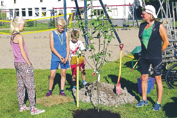Tre fjärdedelar av elevrådet planterar Barnens träd tillsammans med Jonas Paulman.