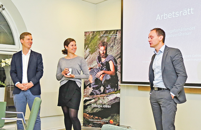 Johannes Gehlin, Elin Ek och Christian Wahlström från Advokatfirman Glimstedts bjöd på nyttig information om arbetsrätt och företagsöverlåtelser vid frukostmötet på Valdemarsviks Sparbank.